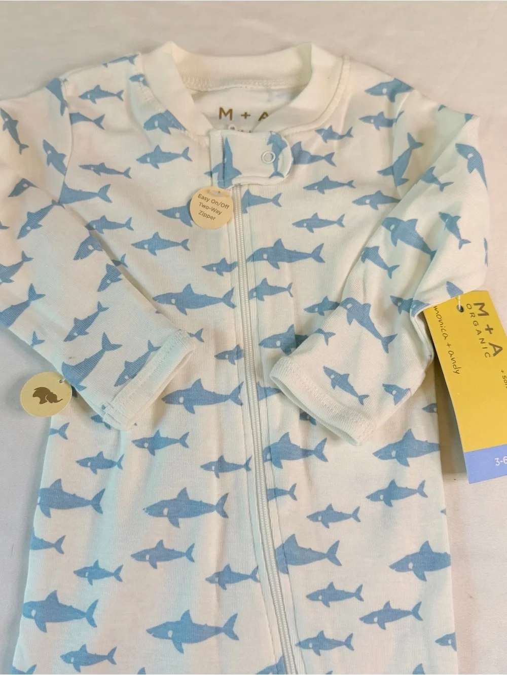 NWT Monica + Andy Baby Zip Footless Sleeper 3-6M Shark Print Organic Cotton Pjs